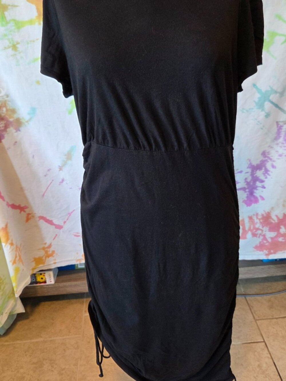 Stretchy American Eagle Black Petite Adjustable Ruched Mini-dress with Boat Neck